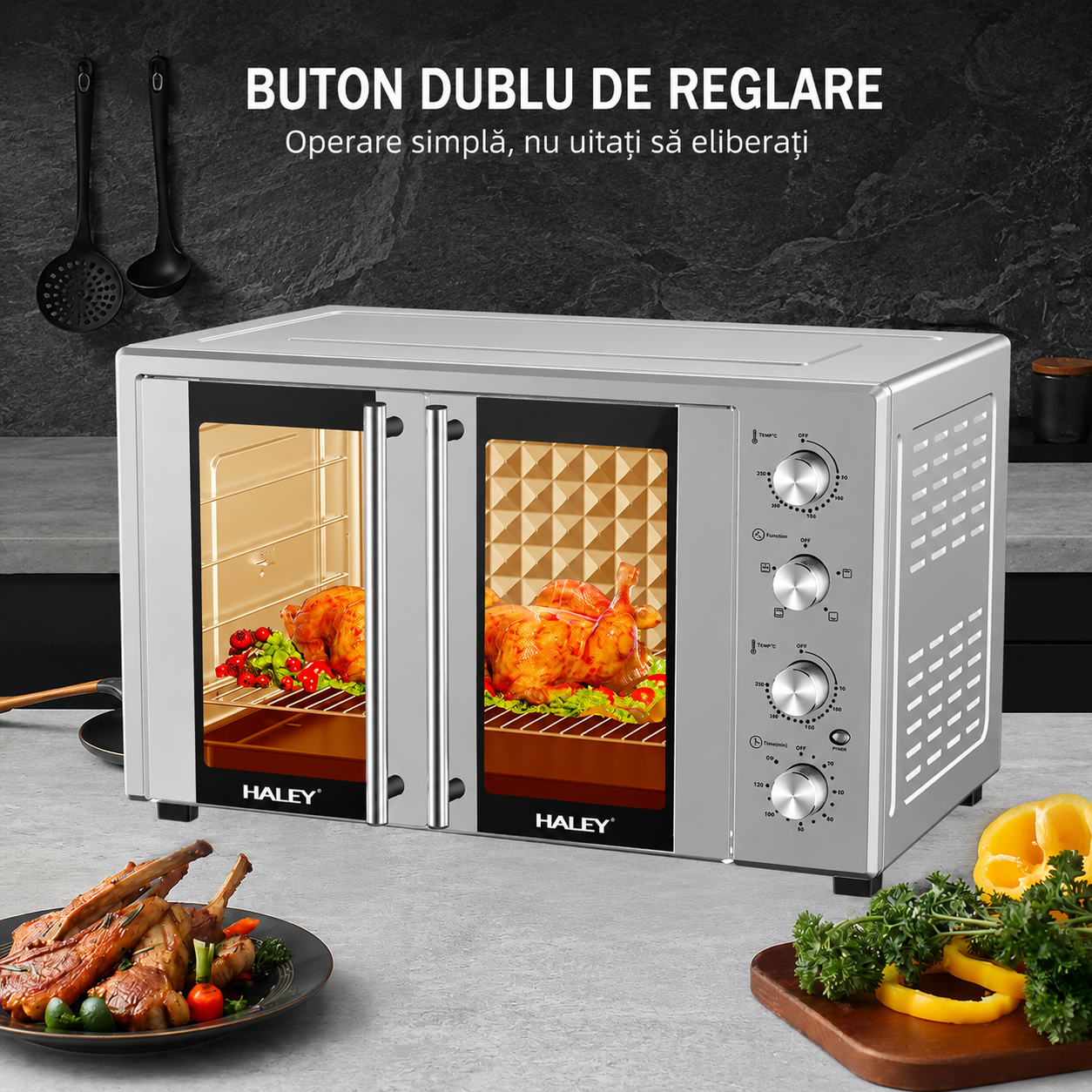 Cuptor electric HALEY HY-5132, 110L, 3600W, temperatură reglabilă până la 250°C, rotisor, timer 120 minute, tavă și grătar incluse