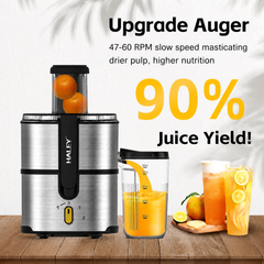 Storcător de Fructe și Legume Haley HY-2963, 1000W, Tub Alimentare 75 mm, Recipient Suc 900 ml, Recipient Pulpă 2 L, 2 Viteze + Pulse, Inox SUS304