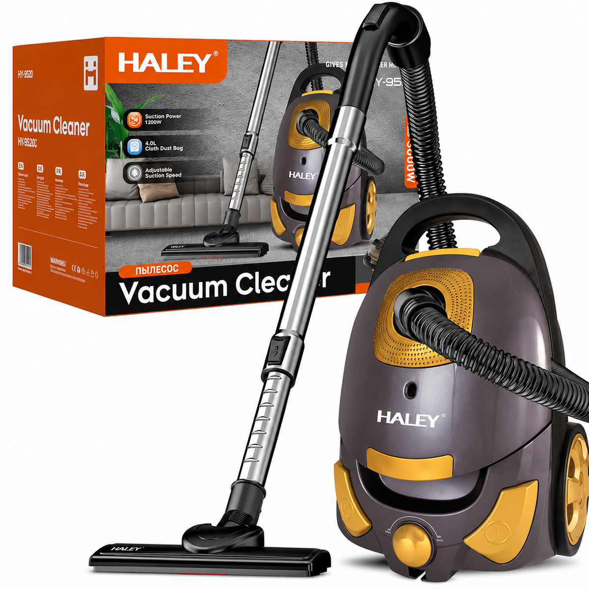 Aspirator Cu Sac HALEY HY-951, 3000W, Putere De Aspirare ≥500W, Sac 4L, Filtru HEPA, Putere Reglabilă, Cablu 6,5 m, Negru/Auriu