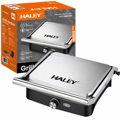 Grill electric HALEY HY-8605, 2000W, deschidere 180°, temperatură reglabilă, plăci antiaderente, tavă pentru grăsime, sistem cu balama flotantă