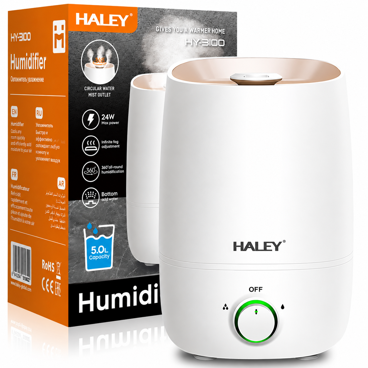 Umidificator De Aer Haley HY-3100, 5L, 1000W, Umidificare 360°, Reglare Continuă a Ceții, Rezervor Mare