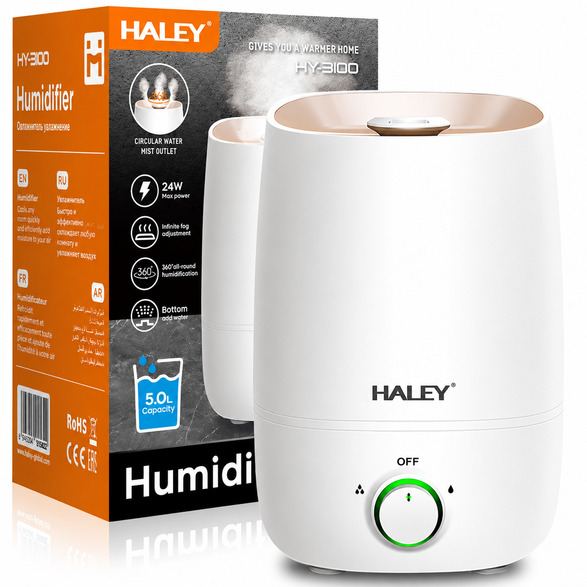 Umidificator De Aer Haley HY-3100, 5L, 1000W, Umidificare 360°, Reglare Continuă a Ceții, Rezervor Mare