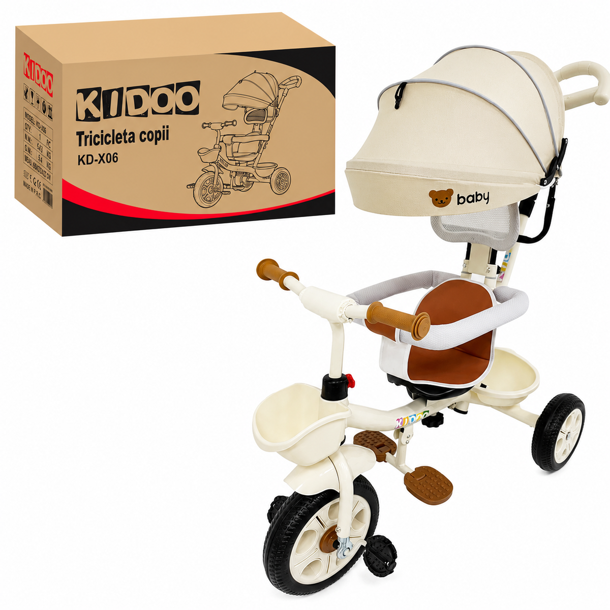 Tricicletă Evolutivă Kiddo KD-X06, Scaun Rotativ 360°, Poziție de Somn, Copertină UV, Roți din Cauciuc, 9 Luni – 6 Ani