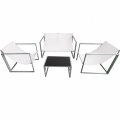 Set Mobilier Grădină AT PERFORMANCE® 4 Piese, Canapea 2 Locuri + 2 Fotolii + Măsuță cu Sticlă Securizată Neagră, Cadru Metalic