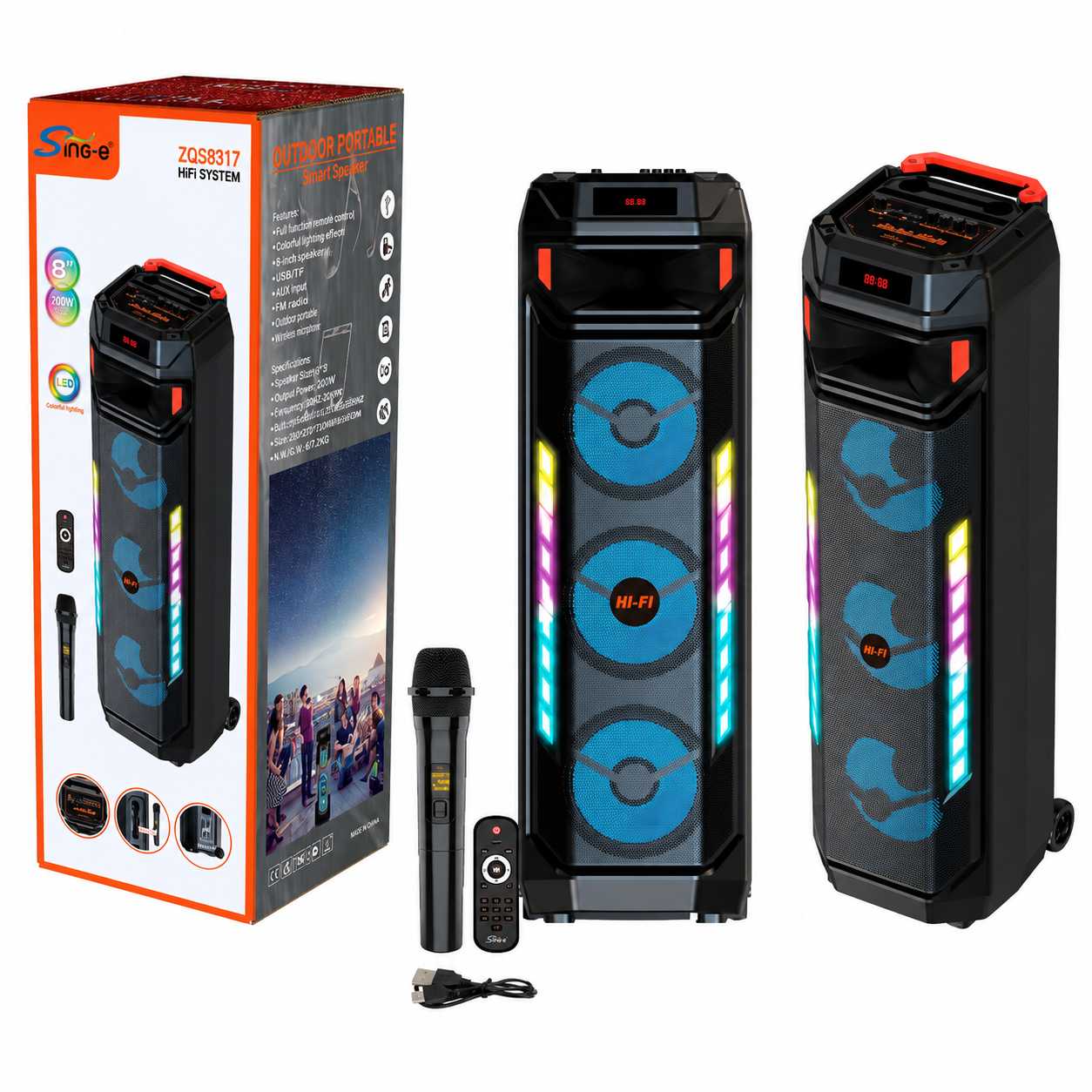 Boxă Portabilă Karaoke Sing-e ZQS8317, Bluetooth, 3 Difuzoare 8", 60W, Microfon Inclus, Telecomandă, LED RGB, Acumulator 4500mAh