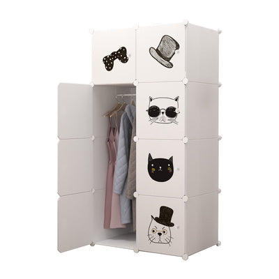 Dulap modular pentru copii 8 rafturi , AT PERFORMANCE® ,  Alb cu pisicute 🐱🎀👓🎩