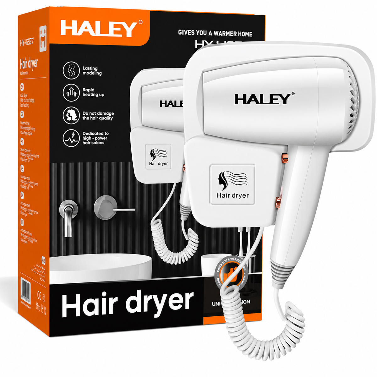 Uscător De Păr Cu Montare Pe Perete Haley HY-4027, 1300W, 3 Trepte De Temperatură, Cablu 2.2 m, Filtru Detașabil