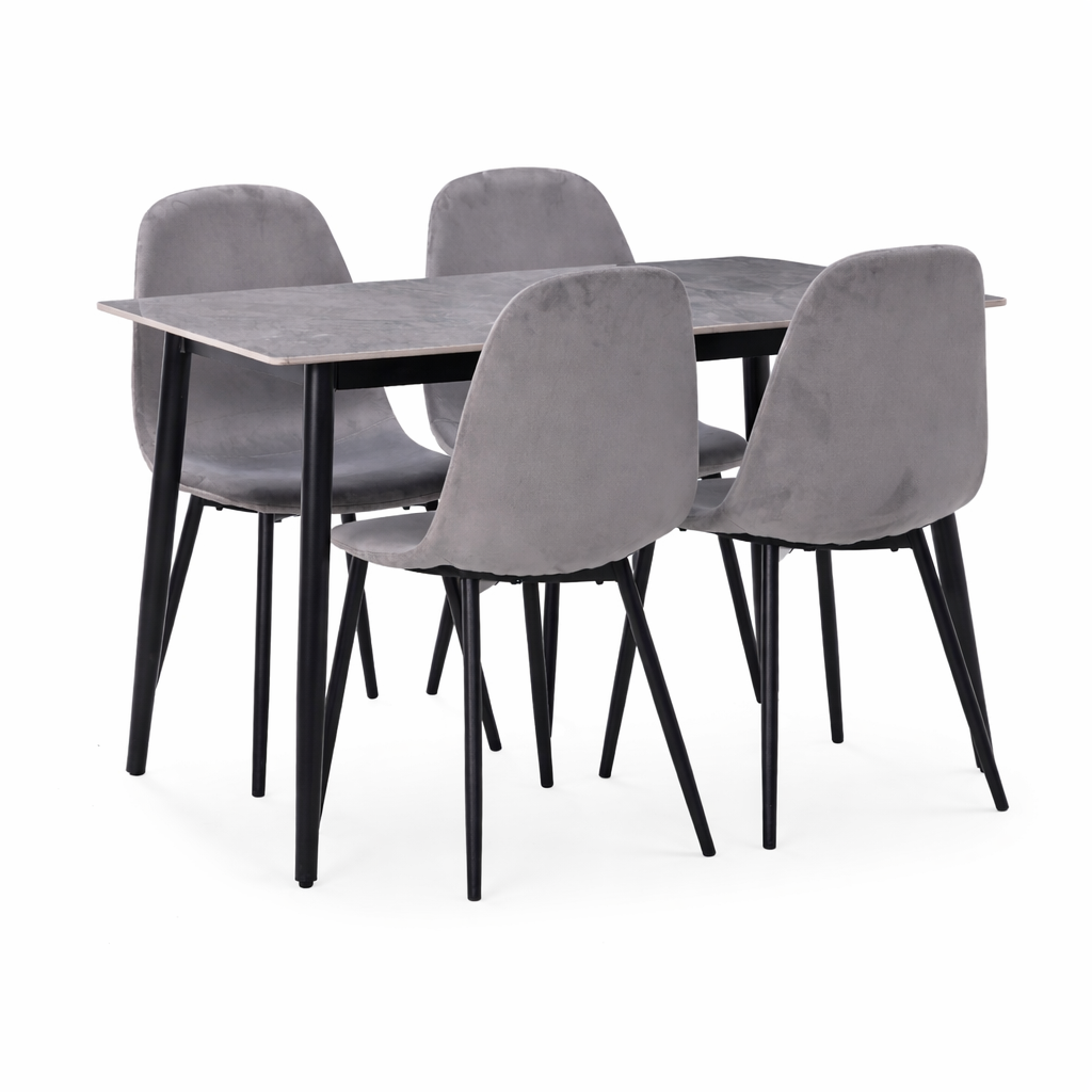 Set masă Bucatarie / Sufragerie cu 4 scaune, blat sintered stone gri și catifea, 120x70 cm