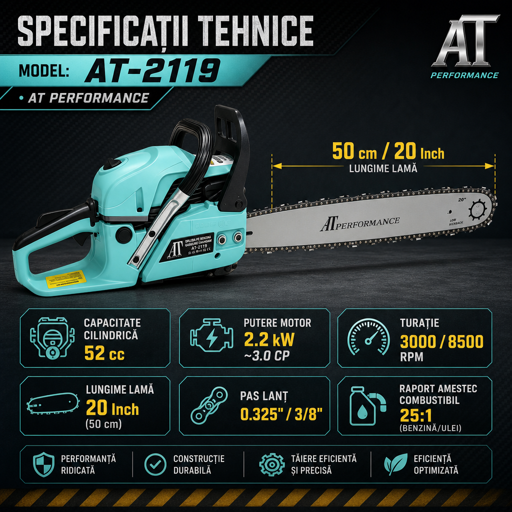 Drujbă pe benzină AT Performance AT-2119, 52 cc, 2,2 kW, lamă 20 inch