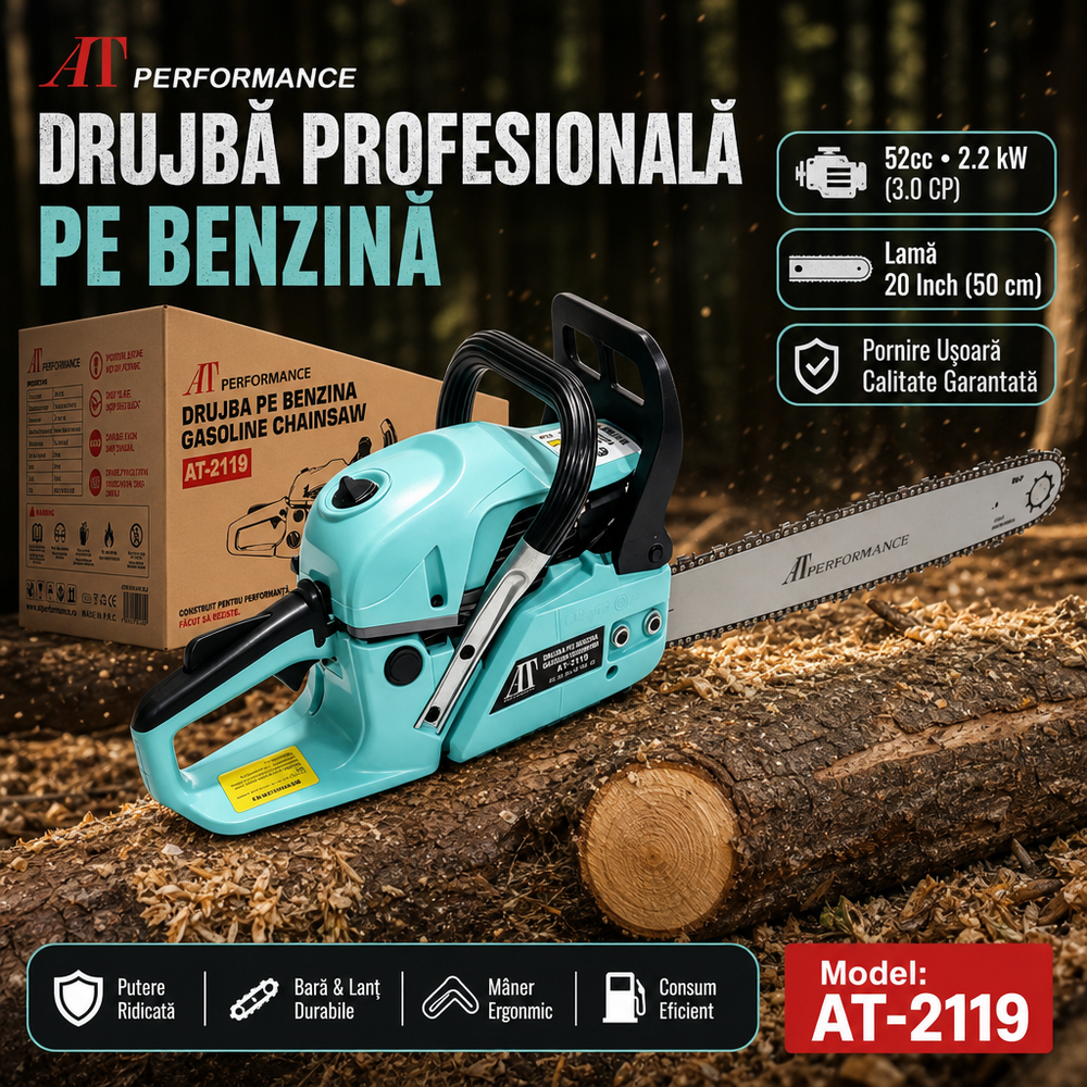 Specificații drujbă AT Performance AT-2119: motor 52 cc, 2,2 kW și lamă 20 inch