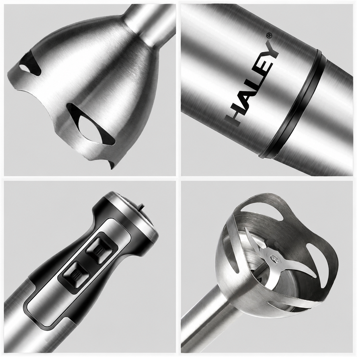 Blender Vertical De Mână Haley HY-1103, 1600W, 2 Viteze, Lame Din Oțel Inoxidabil, Picior Detașabil, Funcție Anti-Stropire, Roșu/Inox