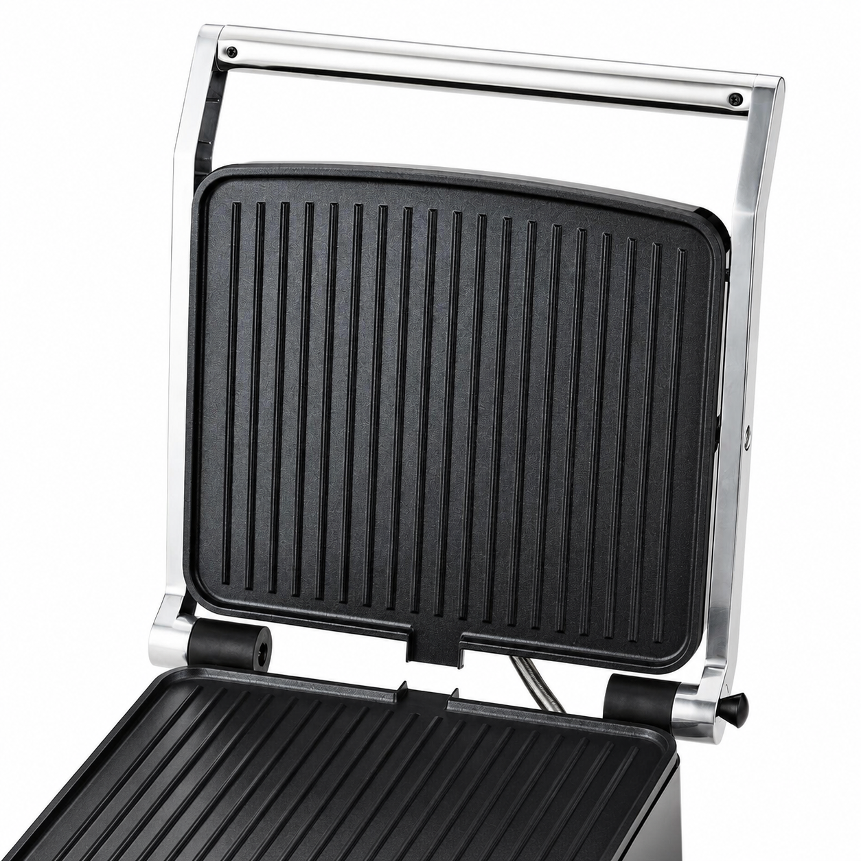 Grill electric HALEY HY-8605, 2000W, deschidere 180°, temperatură reglabilă, plăci antiaderente, tavă pentru grăsime, sistem cu balama flotantă