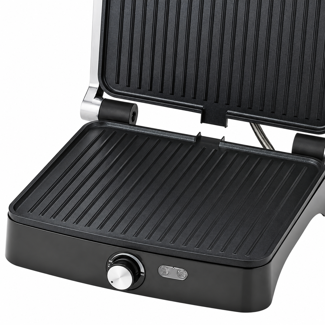 Grill electric HALEY HY-8605, 2000W, deschidere 180°, temperatură reglabilă, plăci antiaderente, tavă pentru grăsime, sistem cu balama flotantă