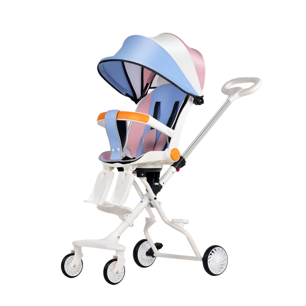 Cărucior Sport Bebe Pliabil cu Șezut Rotativ 360°, Spătar Reglabil, Coș de Cumpărături, Roți EVA și Frână – AT PERFORMANCE®, Alb/Albastru/Roz
