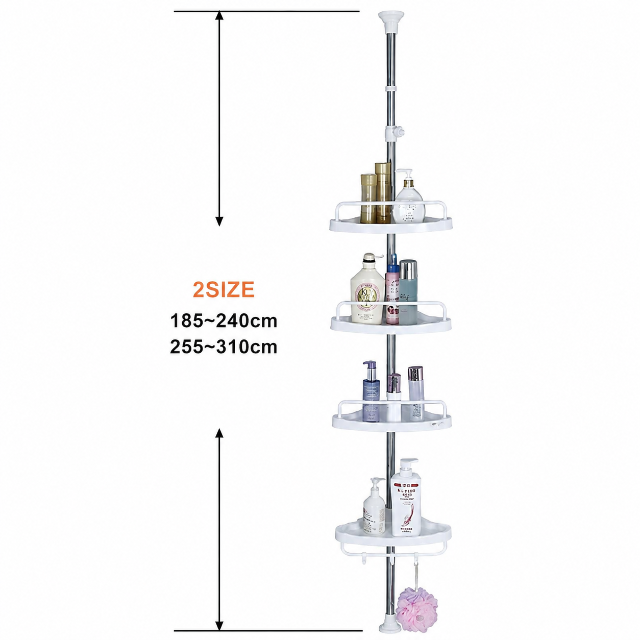 Etajeră Colț Baie AT Performance®, Telescopică 185-310 cm, 4 Rafturi, Organizator Duș, Montaj Fără Găurire