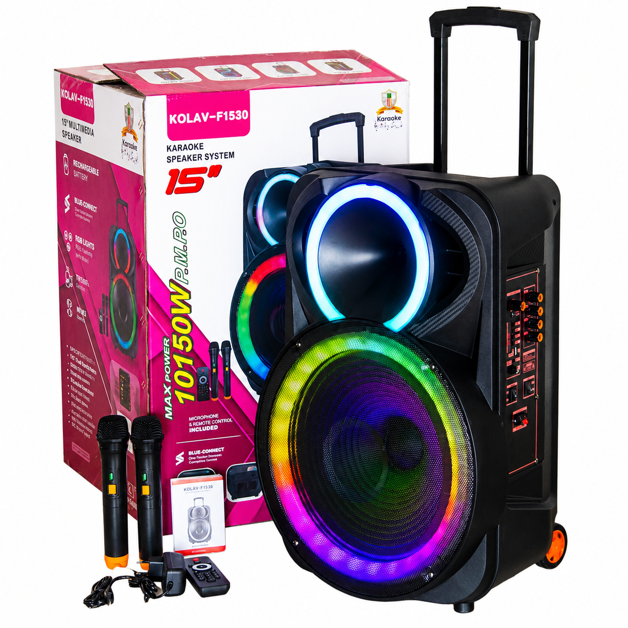 Boxă Portabilă Karaoke KOLAV-F1530, 15", Bluetooth, 2 Microfoane Wireless, RGB LED, USB/TF, FM, Baterie Reîncărcabilă