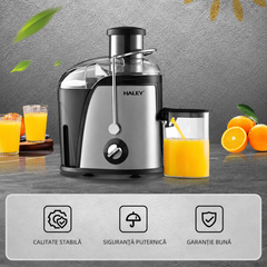 Storcător De Fructe Și Legume HALEY HY-2902, 1000W, 3 Viteze + Pulse, Tub Alimentare 65 mm, Recipient Pulpă 1.2L, Recipient Suc 0.5L, Filtru Din Oțel Inoxidabil
