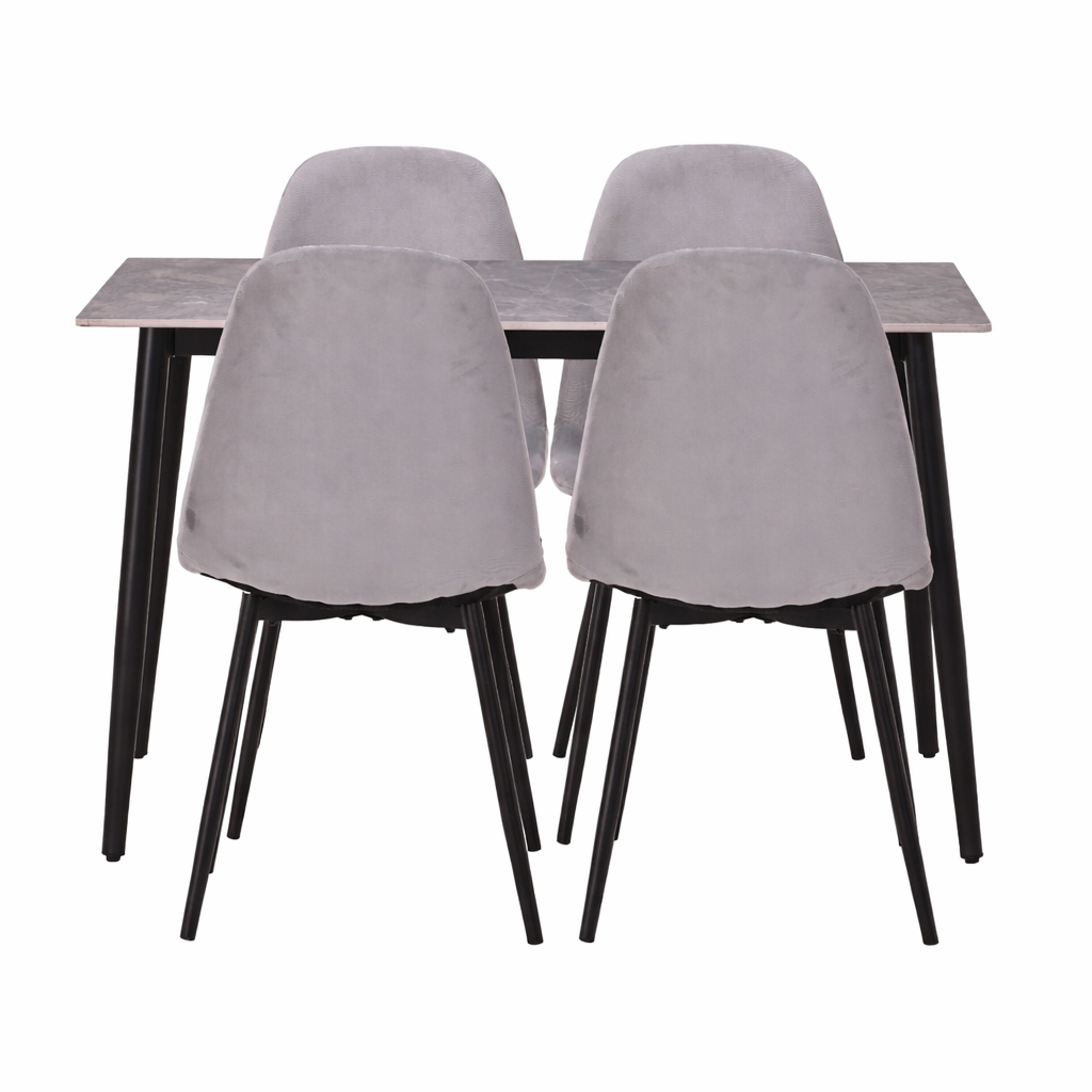 Set masă Bucatarie / Sufragerie cu 4 scaune, blat sintered stone gri și catifea, 120x70 cm