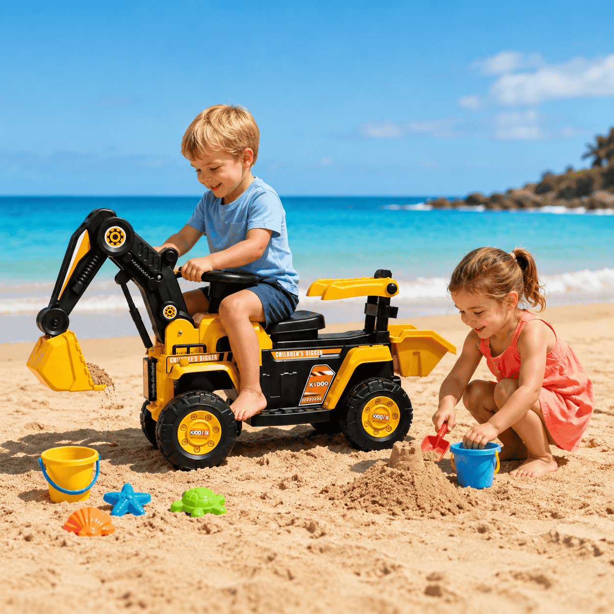 Tractor Excavator Electric Pentru Copii 2-4 Ani, Cu Braț Mobil, Cupă Funcțională, Volan Cu Sunete Și Pedală, Galben