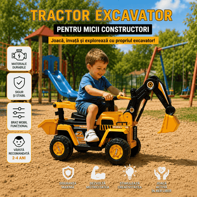 Tractor Excavator Electric Pentru Copii 2-4 Ani, Cu Braț Mobil, Cupă Funcțională, Volan Cu Sunete Și Pedală, Galben