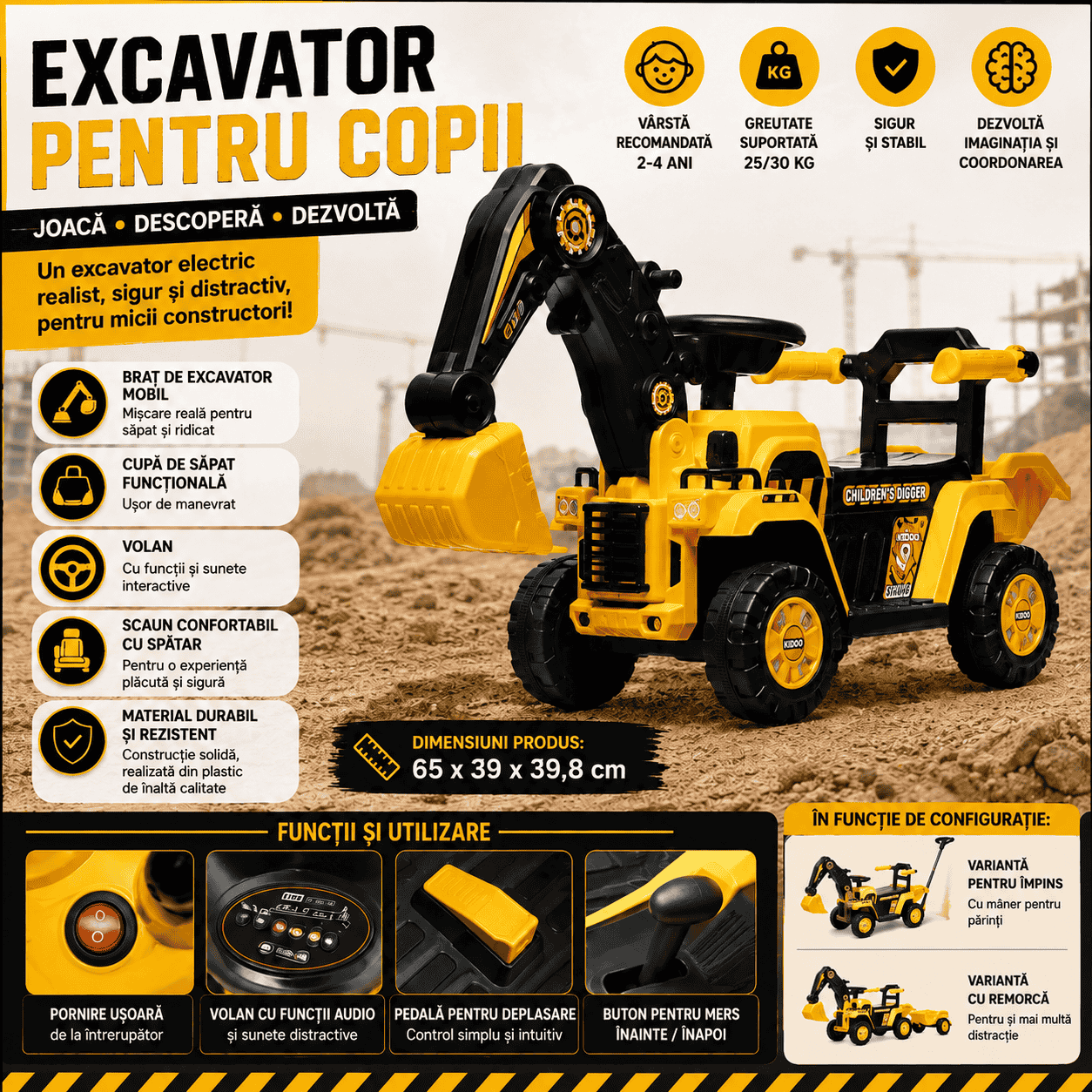 Tractor Excavator Electric Pentru Copii 2-4 Ani, Cu Braț Mobil, Cupă Funcțională, Volan Cu Sunete Și Pedală, Galben