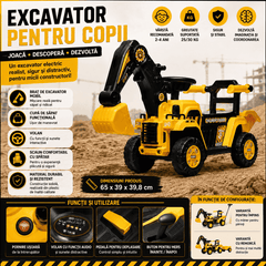 Tractor Excavator Electric Pentru Copii 2-4 Ani, Cu Braț Mobil, Cupă Funcțională, Volan Cu Sunete Și Pedală, Galben