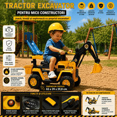 Tractor Excavator Electric Pentru Copii 2-4 Ani, Cu Braț Mobil, Cupă Funcțională, Volan Cu Sunete Și Pedală, Galben