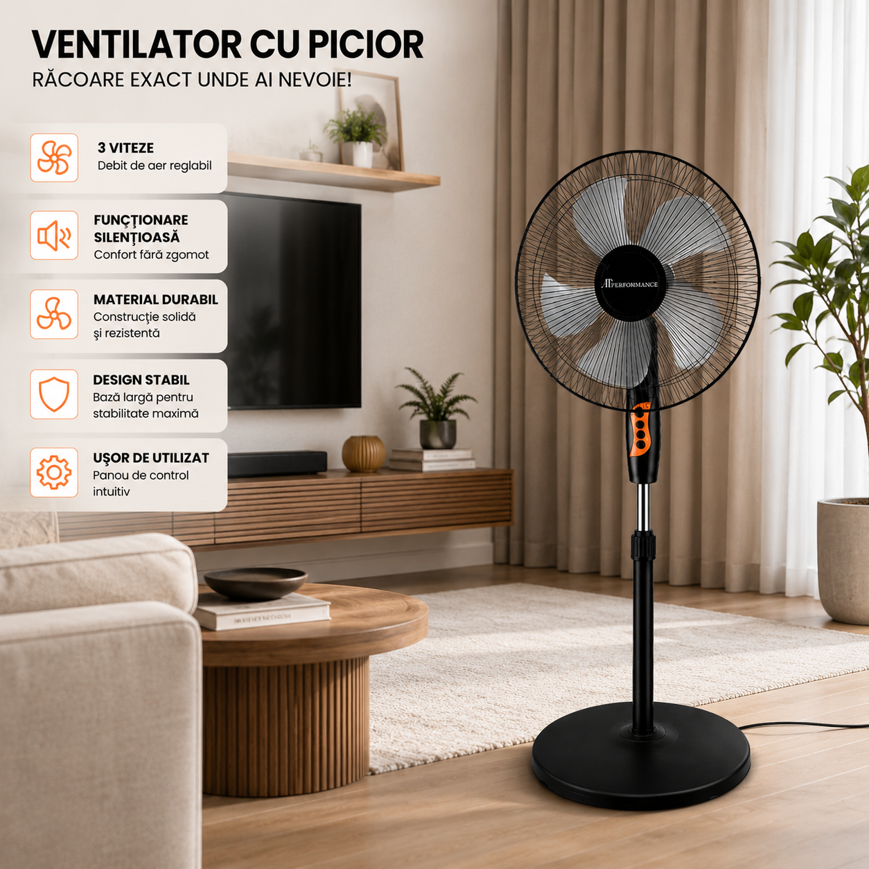 Ventilator cu Picior AT PERFORMANCE® AT-2054, 65W, 16 Inch, 3 Viteze, Oscilație Automată, Înălțime Reglabilă