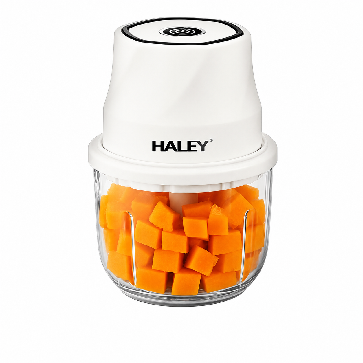 Aparat pentru prepararea și mărunțirea alimentelor HALEY HY-1255, 300W, recipient din sticlă 350 ml, 6 lame din oțel inoxidabil, încărcare USB Type-C