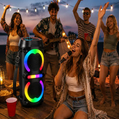 Boxă Portabilă Bluetooth Karaoke ZQS42111KW, 200W, 2 Microfoane Wireless Incluse, Lumini LED RGB, Bass Puternic, Curea de Transport, Acumulator 2500mAh, Negru