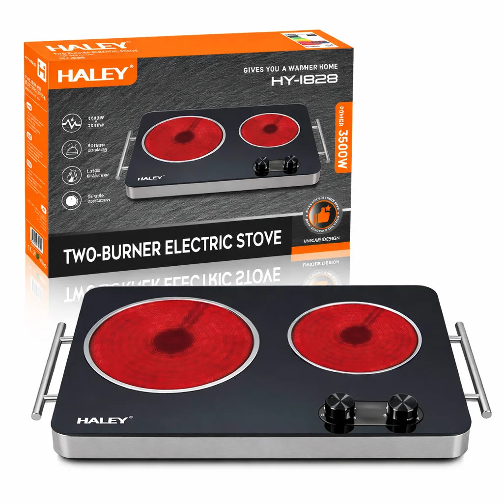 Plită Electrică Dublă Haley HY–1828 – 2 Zone, Suprafață din Sticlă Neagră
