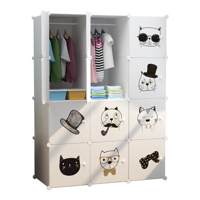 Dulap modular pentru copii 12 rafturi , AT PERFORMANCE® , Alb cu pisicute 🐱🎀👓🎩
