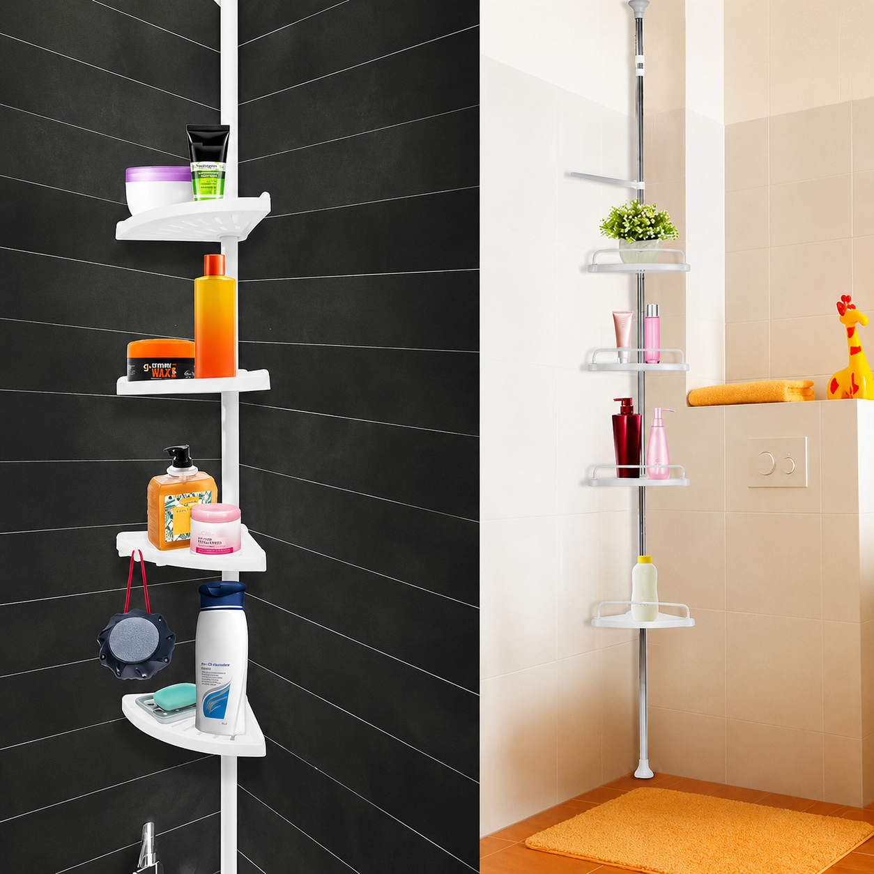 Etajeră Colț Baie AT Performance®, Telescopică 185-310 cm, 4 Rafturi, Organizator Duș, Montaj Fără Găurire