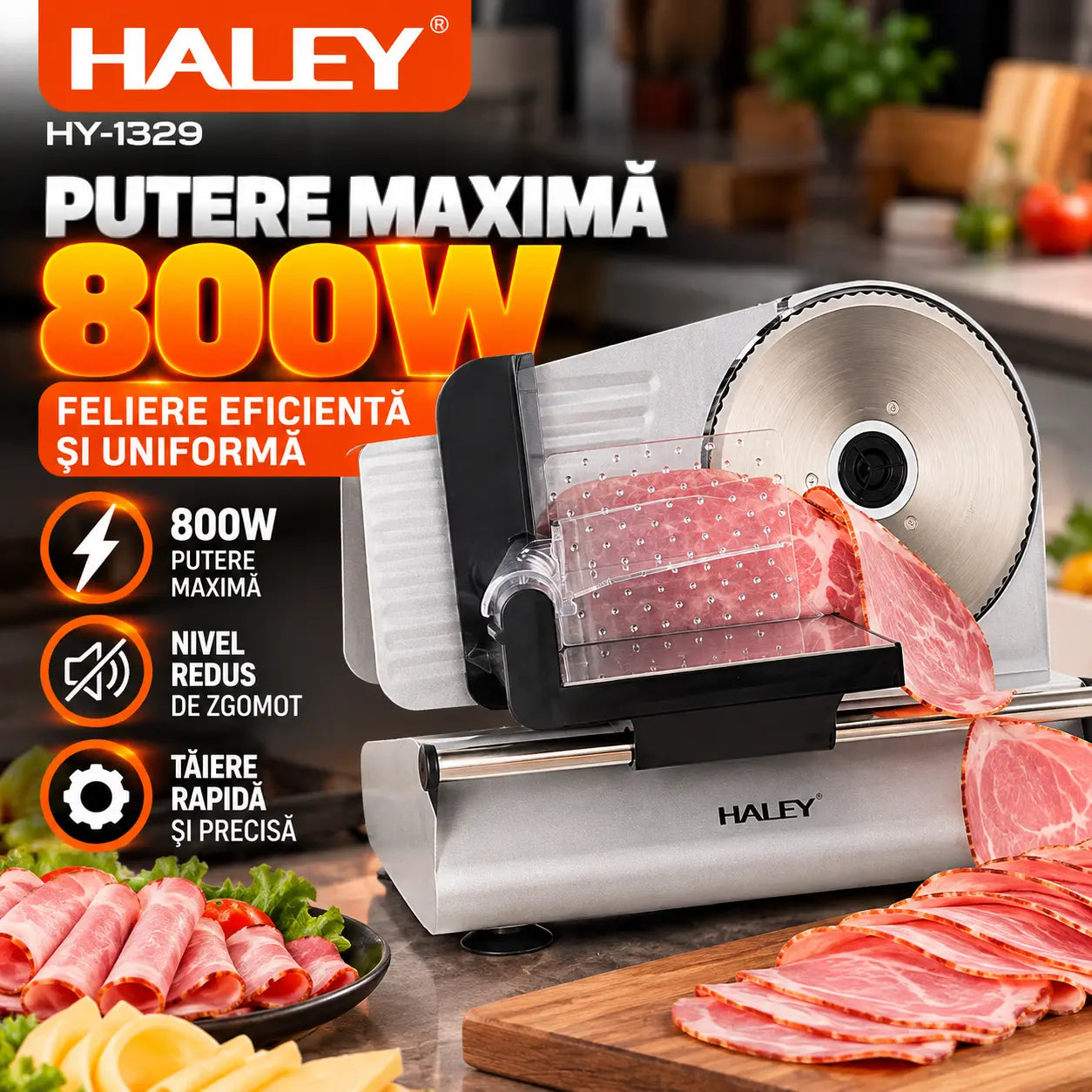 Feliator Electric de Alimente HALEY® HY-1329, Putere Maximă 800W, Lamă din Oțel Inoxidabil de 190 mm, Grosime de Tăiere Reglabilă 0–15 mm, Carcasă din Aluminiu Turnat, Protecție pentru Degete, Împingător Transparent cu Protecție