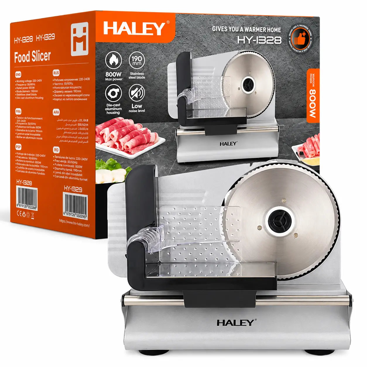 Feliator Electric de Alimente HALEY® HY-1329, Putere Maximă 800W, Lamă din Oțel Inoxidabil de 190 mm, Grosime de Tăiere Reglabilă 0–15 mm, Carcasă din Aluminiu Turnat, Protecție pentru Degete, Împingător Transparent cu Protecție