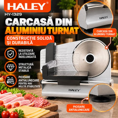 Feliator Electric de Alimente HALEY® HY-1329, Putere Maximă 800W, Lamă din Oțel Inoxidabil de 190 mm, Grosime de Tăiere Reglabilă 0–15 mm, Carcasă din Aluminiu Turnat, Protecție pentru Degete, Împingător Transparent cu Protecție