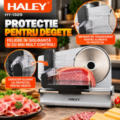 Feliator Electric de Alimente HALEY® HY-1329, Putere Maximă 800W, Lamă din Oțel Inoxidabil de 190 mm, Grosime de Tăiere Reglabilă 0–15 mm, Carcasă din Aluminiu Turnat, Protecție pentru Degete, Împingător Transparent cu Protecție