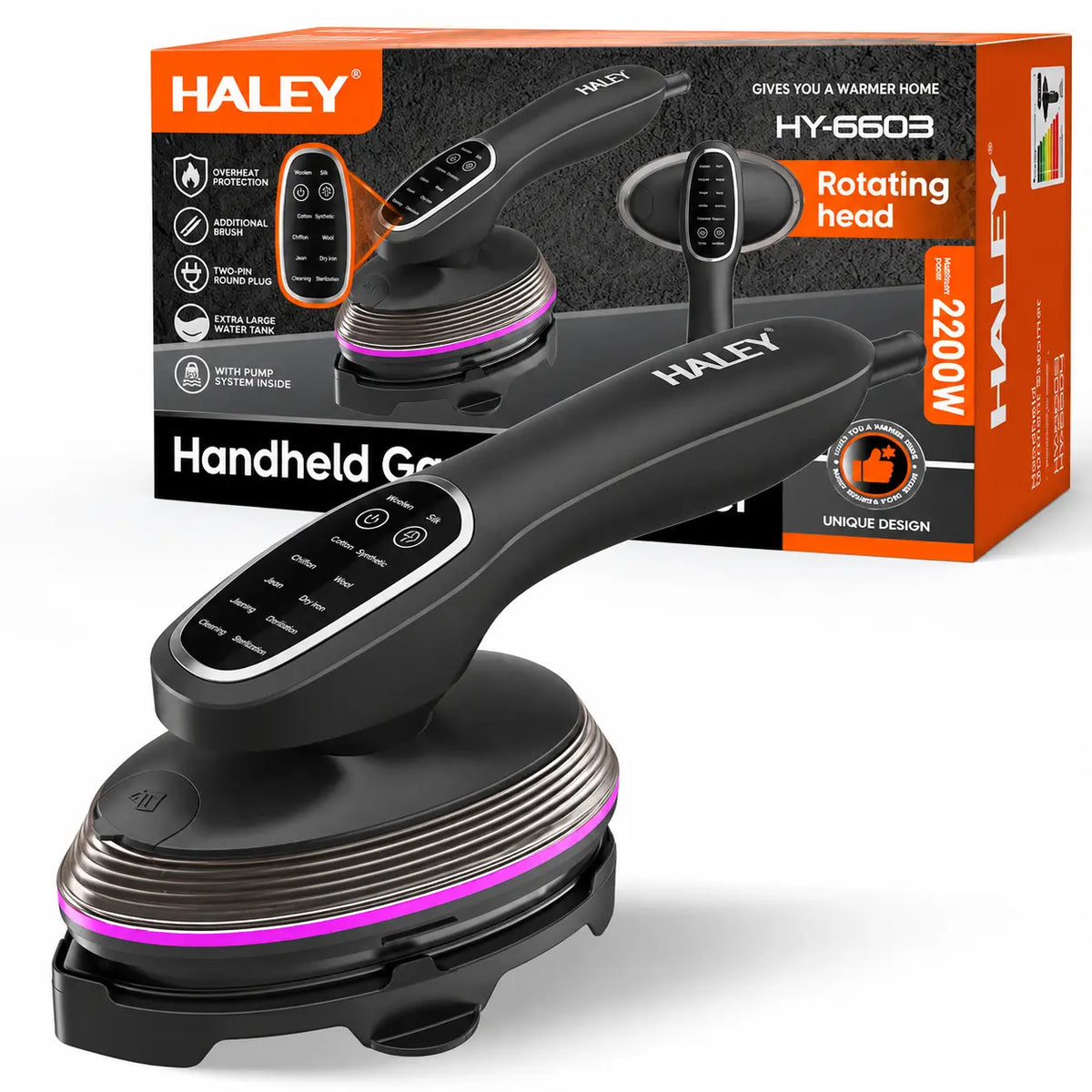 Aparat de Călcat Vertical și Orizontal cu Aburi HALEY® HY-6603, 2000W, Încălzire Rapidă în 20 Secunde, Jet de Abur 14–18 g/min, Rezervor 120 ml, Cap Rotativ 90°, Panou Tactil, 3 Niveluri de Abur, Protecție la Supraîncălzire