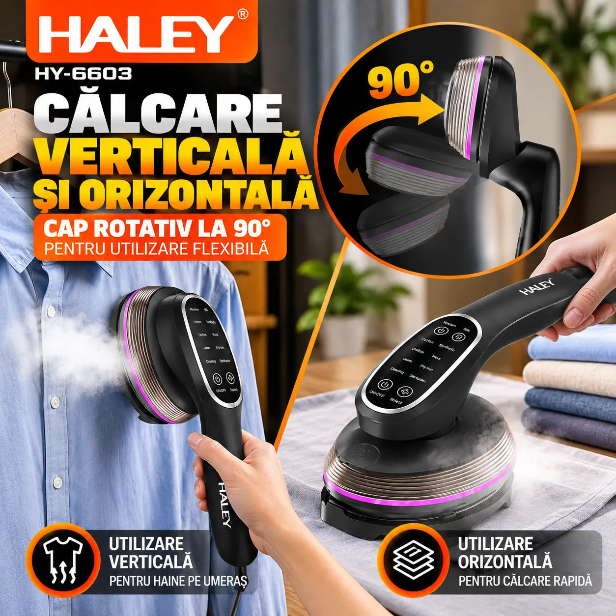 Aparat de Călcat Vertical și Orizontal cu Aburi HALEY® HY-6603, 2000W, Încălzire Rapidă în 20 Secunde, Jet de Abur 14–18 g/min, Rezervor 120 ml, Cap Rotativ 90°, Panou Tactil, 3 Niveluri de Abur, Protecție la Supraîncălzire