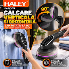 Aparat de Călcat Vertical și Orizontal cu Aburi HALEY® HY-6603, 2000W, Încălzire Rapidă în 20 Secunde, Jet de Abur 14–18 g/min, Rezervor 120 ml, Cap Rotativ 90°, Panou Tactil, 3 Niveluri de Abur, Protecție la Supraîncălzire