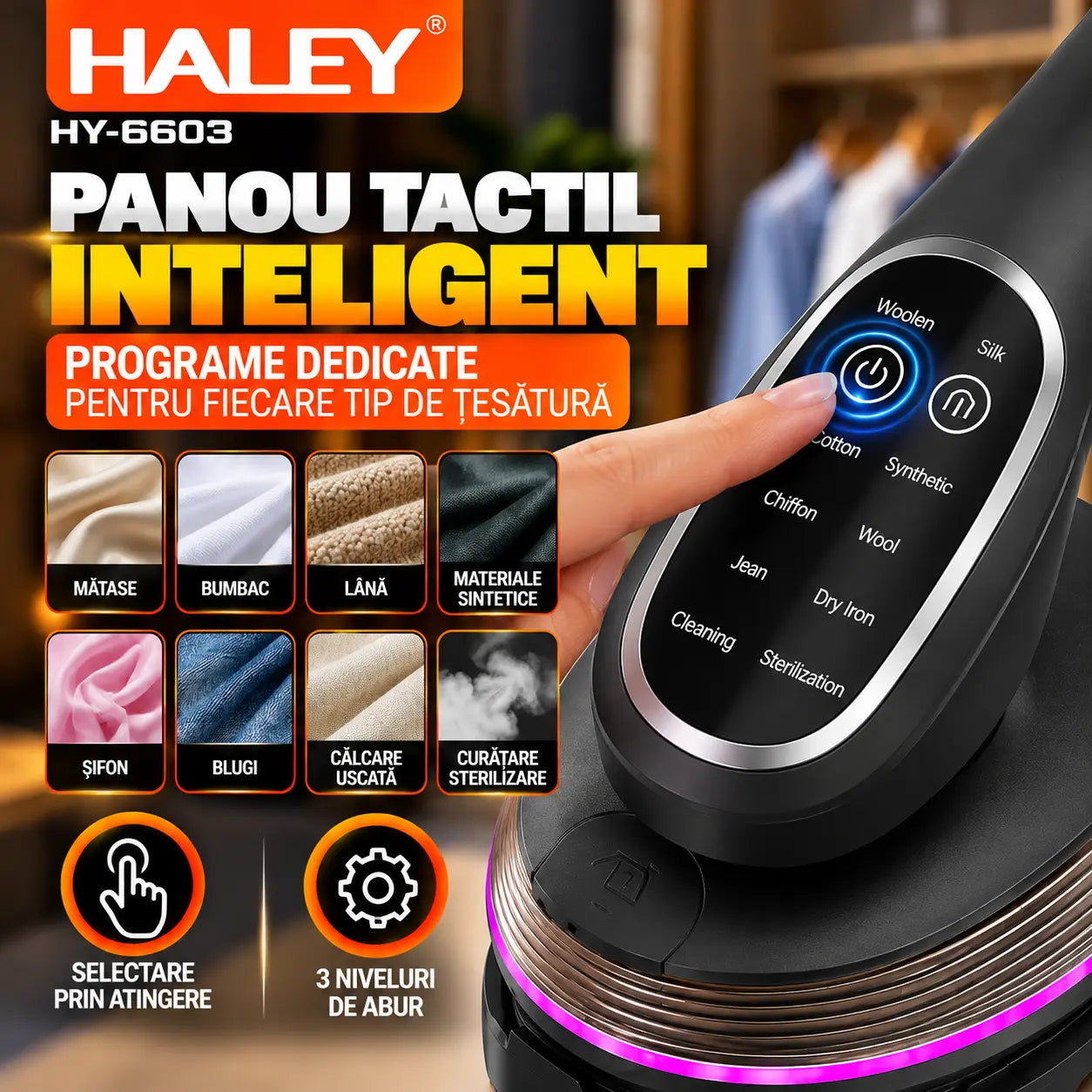 Aparat de Călcat Vertical și Orizontal cu Aburi HALEY® HY-6603, 2000W, Încălzire Rapidă în 20 Secunde, Jet de Abur 14–18 g/min, Rezervor 120 ml, Cap Rotativ 90°, Panou Tactil, 3 Niveluri de Abur, Protecție la Supraîncălzire
