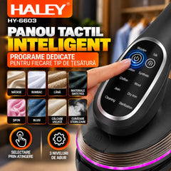 Aparat de Călcat Vertical și Orizontal cu Aburi HALEY® HY-6603, 2000W, Încălzire Rapidă în 20 Secunde, Jet de Abur 14–18 g/min, Rezervor 120 ml, Cap Rotativ 90°, Panou Tactil, 3 Niveluri de Abur, Protecție la Supraîncălzire