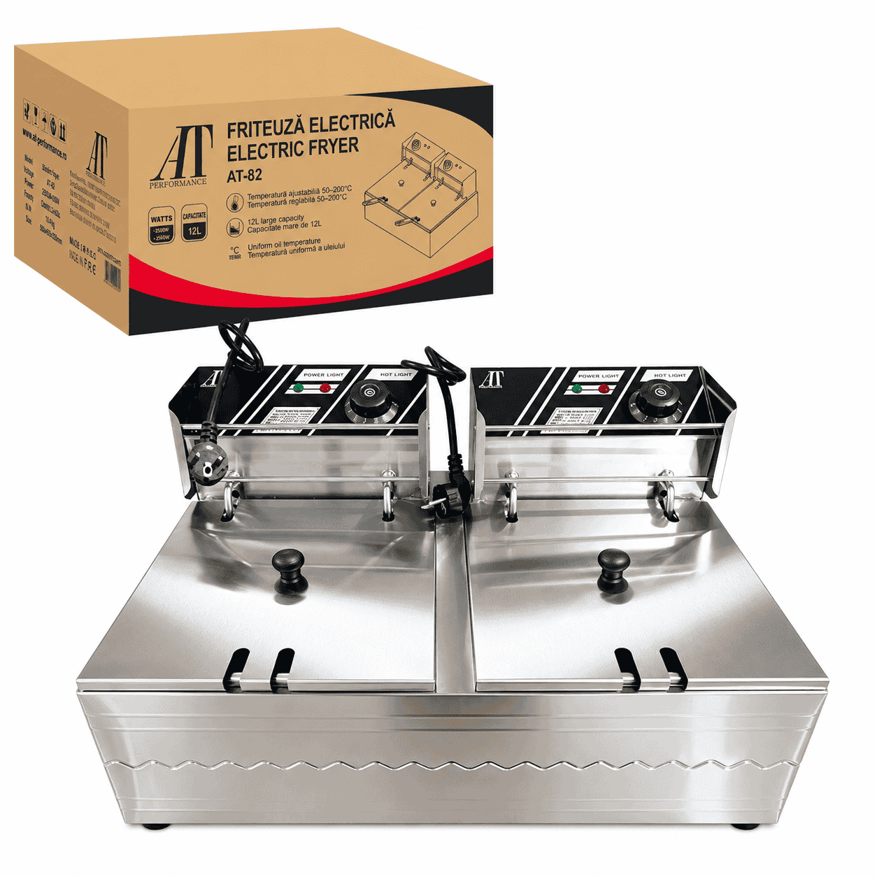 Friteuză Electrică Profesională Dublă AT Performance AT-82, 12L (2×6L, 5000W, Inox)