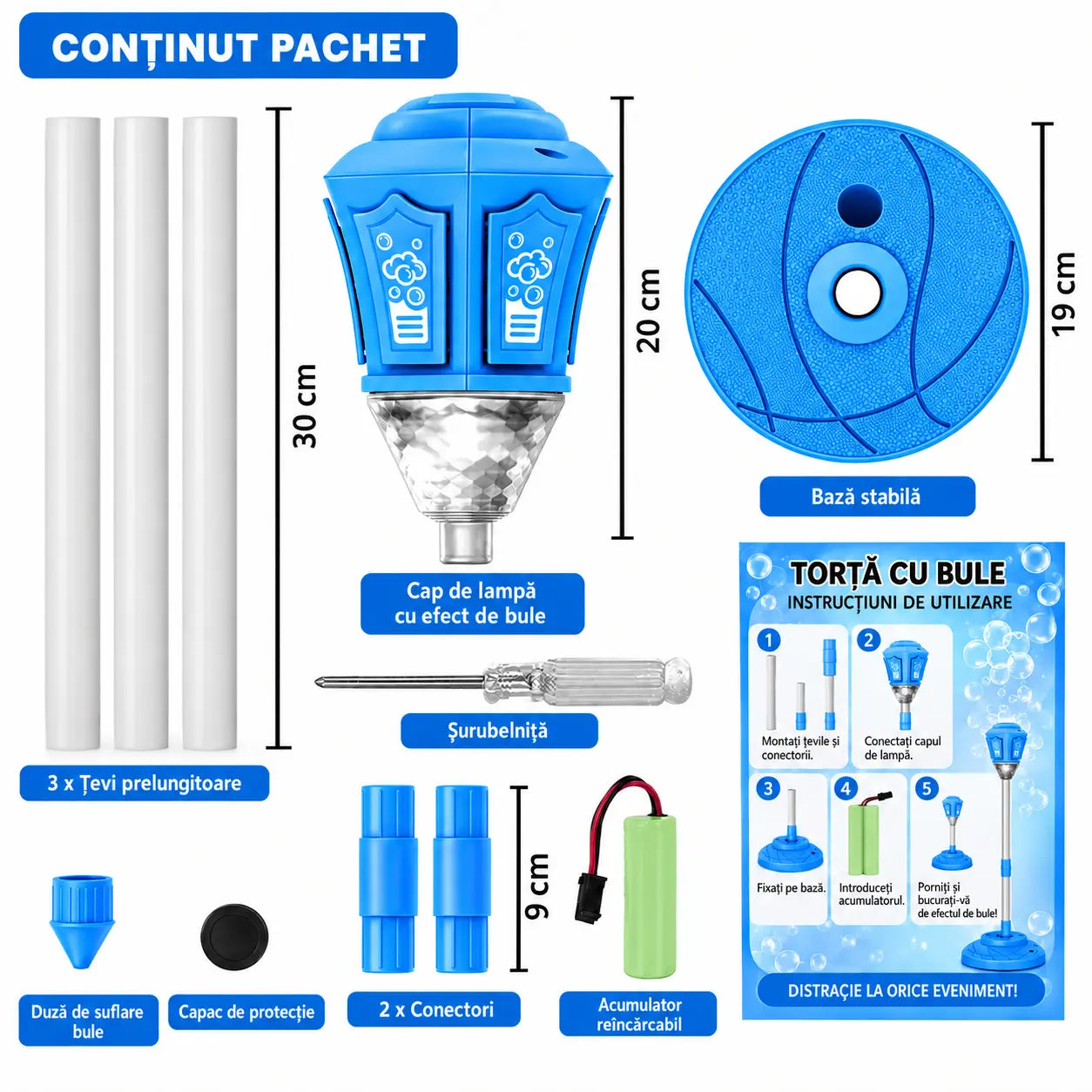 Lampă pentru Copii Bubble Torch cu Generator Automat de Baloane de Săpun, Înălțime Reglabilă 57–119 cm, Efecte Luminoase, Blue, 3+ Ani