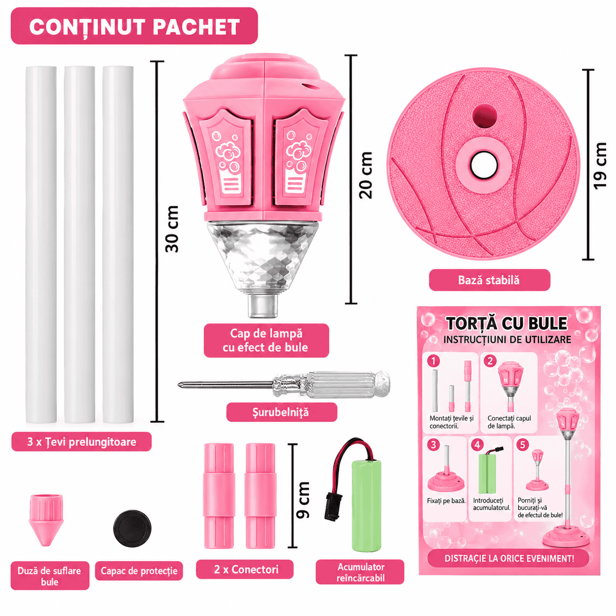 Lampă pentru Copii Bubble Torch cu Generator Automat de Baloane de Săpun, Înălțime Reglabilă 57–119 cm, Efecte Luminoase, Roz, 3+ Ani