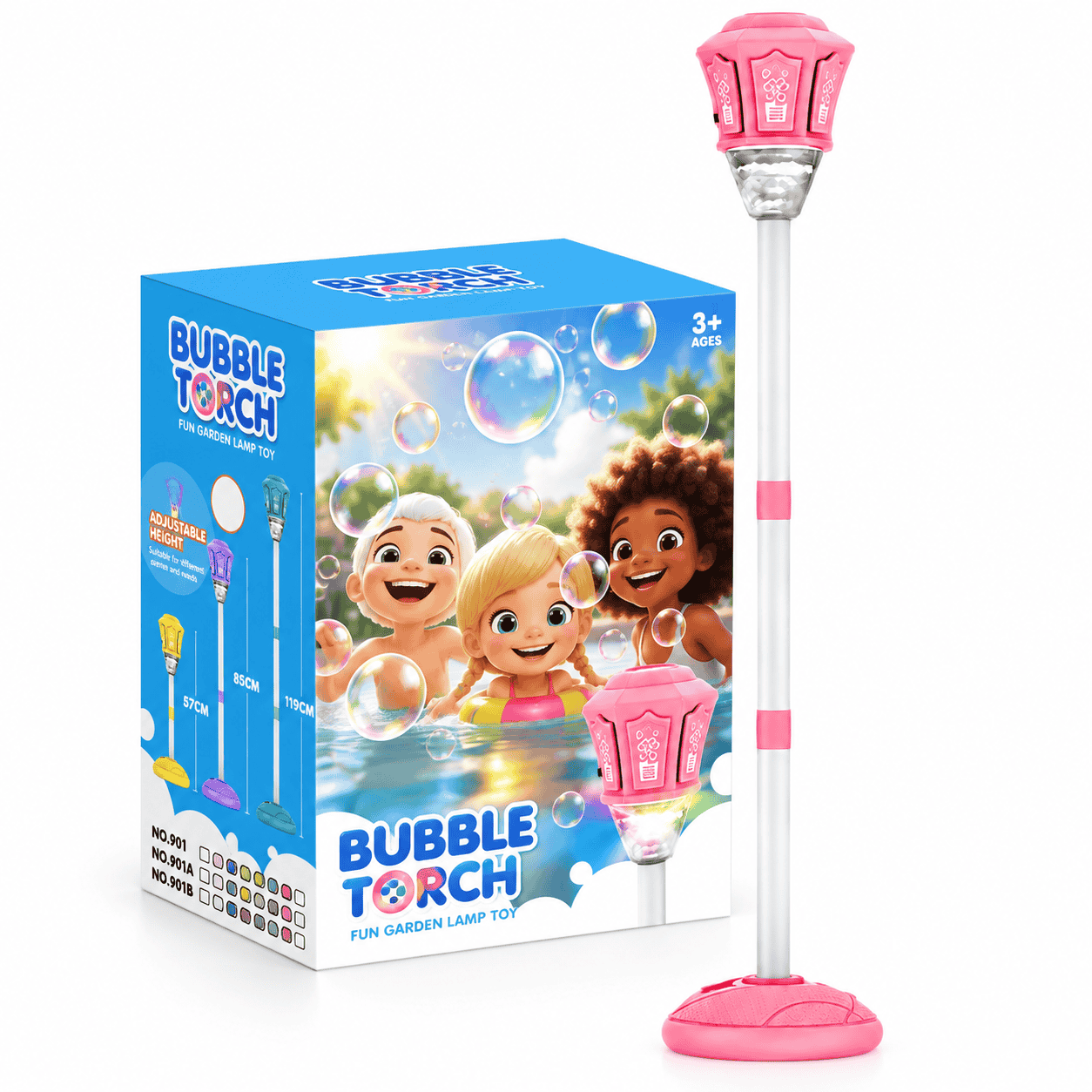 Lampă pentru Copii Bubble Torch cu Generator Automat de Baloane de Săpun, Înălțime Reglabilă 57–119 cm, Efecte Luminoase, Roz, 3+ Ani