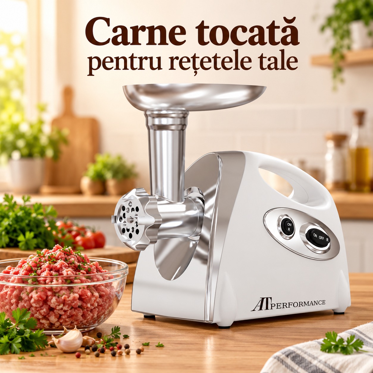 Mașină de tocat AT Performance AT-2113 albă lângă un bol cu carne tocată