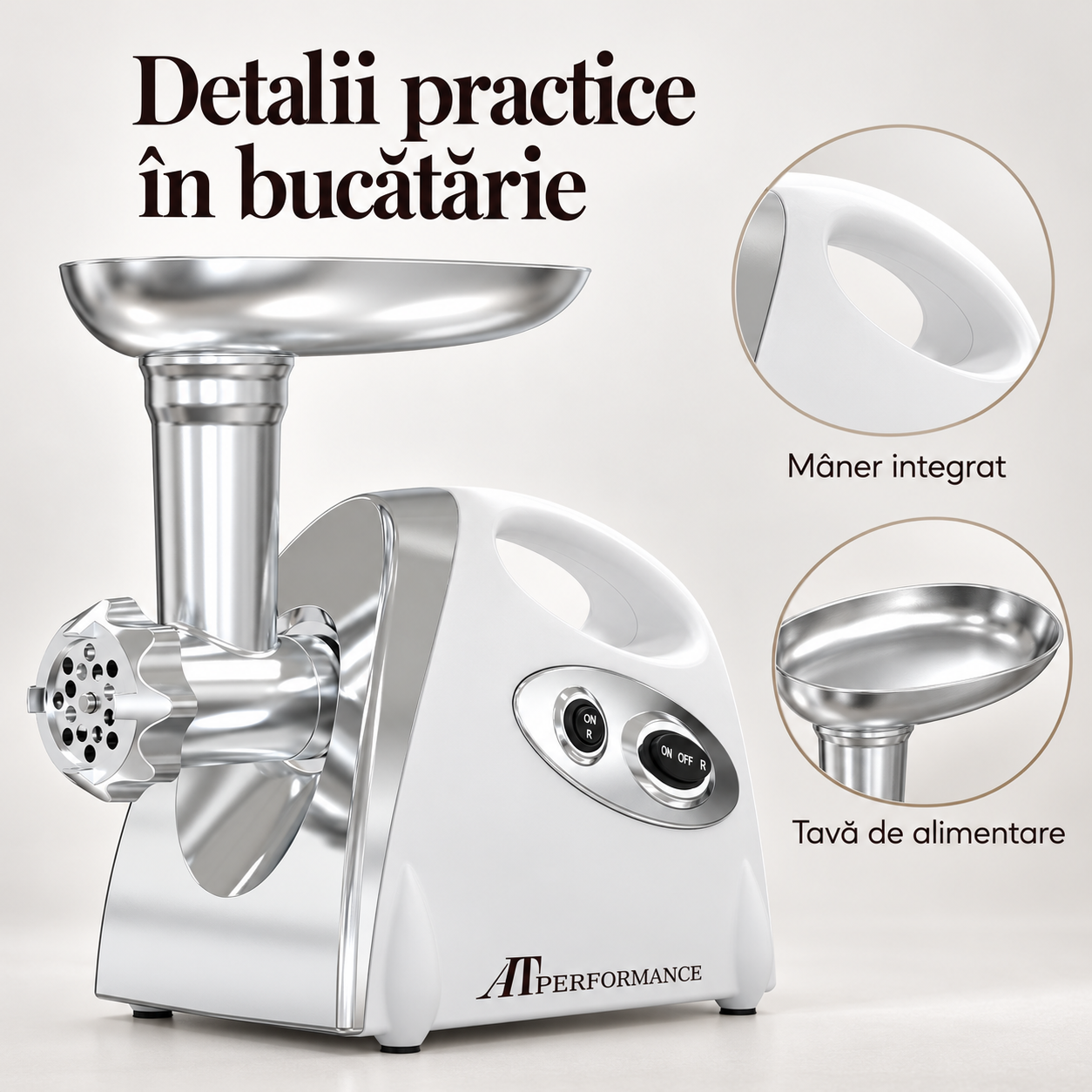 Detalii ale mașinii de tocat AT Performance AT-2113: mâner integrat și tavă de alimentare
