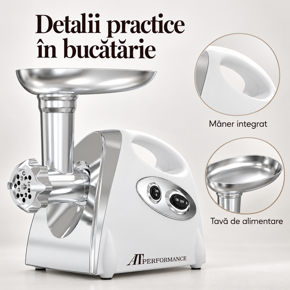 Detalii ale mașinii de tocat AT Performance AT-2113: mâner integrat și tavă de alimentare