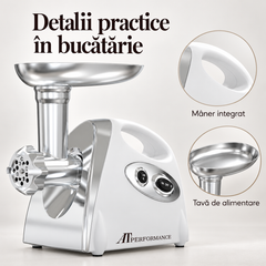 Detalii ale mașinii de tocat AT Performance AT-2113: mâner integrat și tavă de alimentare